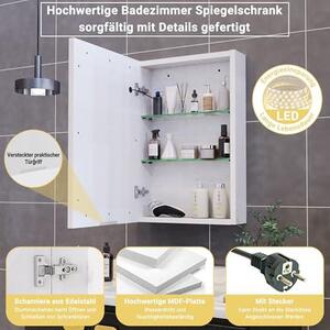 Závěsná skříňka do koupelny, šířka 50 cm, zrcadlová skříňka se zrcadlem a LED osvětlením, koupelnová skříňka s nastavitelnou policí, 3 teploty barev, stmívatelné osvětlení (50x70x15 cm)