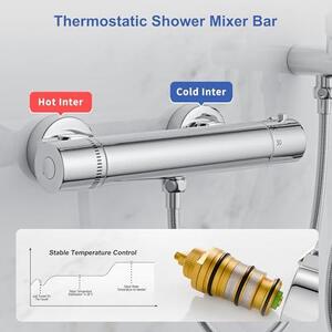 Sprchový systém s termostatem, dešťová sprcha s baterií, kompletní sprchová souprava s termostatem, kulatou dešťovou sprchou a ruční sprchou, výška 95 cm, chrom