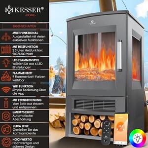 Elektrický krb s topným výkonem, panoramatickým výhledovým oknem, topným ventilátorem, 9 LED režimy plamenného efektu, dálkovým ovládáním, WiFi aplikací, výkonem 900/1800W. Elektrický krb s termostatem, topnou funkcí a časovačem
