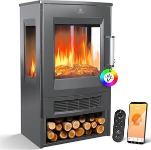 Elektrický krb s topným výkonem, panoramatickým výhledovým oknem, topným ventilátorem, 9 LED režimy plamenného efektu, dálkovým ovládáním, WiFi aplikací, výkonem 900/1800W. Elektrický krb s termostatem, topnou funkcí a časovačem