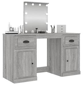 Toaletní stolek se zabudovaným LED osvětlením, barva šedá Sonoma, s komodou a zrcadlem, vyrobený z dřevotřísky, rozměry 130 x 50 x 132,5 cm, vhodný do ložnice i koupelny