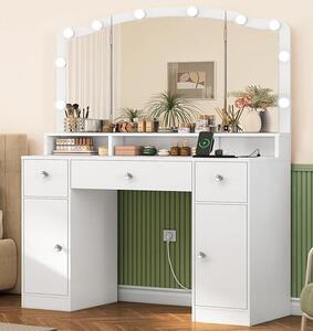 Toaletní stolek se 3 sklopnými zrcadly, vybavený 10 LED světly a zásuvkami, s 3 zásuvkami a dvěma skříňkami, určený pro ženy, do ložnice, bílý