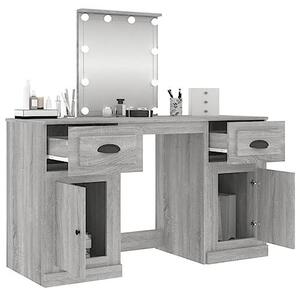 Toaletní stolek se zabudovaným LED osvětlením, barva šedá Sonoma, s komodou a zrcadlem, vyrobený z dřevotřísky, rozměry 130 x 50 x 132,5 cm, vhodný do ložnice i koupelny