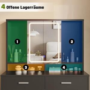 Kosmetický stolek s LED osvětlením, 3 úrovně nastavení jasu, stolek se zrcadlem a úložným prostorem na šperky, dvě zásuvky, moderní design, rozměry 90 x 40 cm (černá barva)