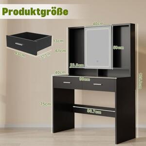 Kosmetický stolek s LED osvětlením, 3 úrovně nastavení jasu, stolek se zrcadlem a úložným prostorem na šperky, dvě zásuvky, moderní design, rozměry 90 x 40 cm (černá barva)