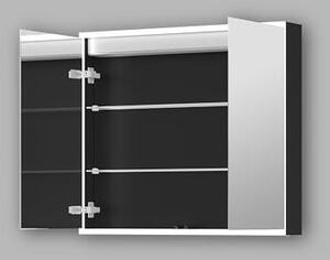 Zrcadlová skříňka Black Magnus 80x70x13 cm. Designová koupelnová skříňka se zrcadlem s obvodovým LED osvětlením, neutrální bílá barva světla, matný černý hliník, oboustranné zrcadlo, 2 skleněné police, stupeň krytí IP44