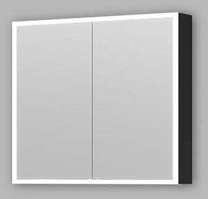 Zrcadlová skříňka Black Magnus 80x70x13 cm. Designová koupelnová skříňka se zrcadlem s obvodovým LED osvětlením, neutrální bílá barva světla, matný černý hliník, oboustranné zrcadlo, 2 skleněné police, stupeň krytí IP44