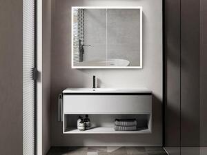 Zrcadlová skříňka Black Magnus 80x70x13 cm. Designová koupelnová skříňka se zrcadlem s obvodovým LED osvětlením, neutrální bílá barva světla, matný černý hliník, oboustranné zrcadlo, 2 skleněné police, stupeň krytí IP44