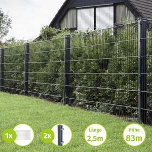 Kompletní sada plotu z pletiva, rozměry drátů 6/5/6 mm, barva antracitová (RAL 7016). Sada obsahuje sloupky a fixační prvky. Plot z pletiva, kovový plot – pro zahradu a pozemek, výška 83 cm, délka plotu 2,5 m