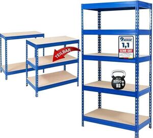 Regál pro těžké náklady – regál s propojovacími prvky, regál do sklepa, skladový regál, pracovní stůl – nosnost až 1250 kg – rychlá montáž (modrá barva, rozměry 180 x 90 x 60 cm)