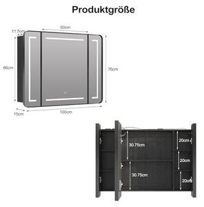 Zrcadlová skříňka do koupelny s osvětlením a 3 dvířky, koupelnová zrcadlová skříňka s LED osvětlením – HD zrcadlo, 3barvé LED a regulace jasu, vnitřní přepážka a kvalitní panty (100x76x15 cm)