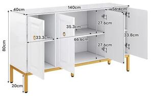 Komoda s vysokým leskem, bílá, 140 cm, s zlatými detaily. Moderní komoda s nastavitelnými policemi, kovovými nohami a kroužkovými úchytkami. Elegantní nábytková skříň do obývacího pokoje a jídelny
