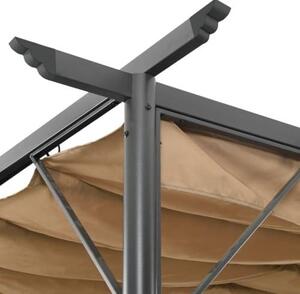 Pergola o rozměrech 3x3 metry s výsuvnou střechou v barvě taupe, altán pro zahradu a terasu, robustní ocelová konstrukce, odolný polyesterový střešní materiál
