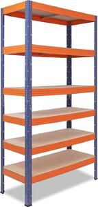 Regál pro těžké náklady, rozměry 200 x 90 x 60 cm, modro-oranžový, s 6 policami, nosnost 166 kg na polici