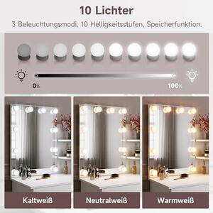 Kosmetický stolek s 10 LED světly a HD zrcadlem, s 10 úrovněmi nastavení jasu, 3 barvami, stolek s zásuvkami do ložnice, s 3 otevřenými policemi, bílý, 70x40x140 cm