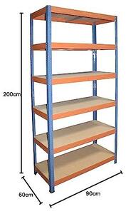 Regál pro těžké náklady, rozměry 200 x 90 x 60 cm, modro-oranžový, s 6 policami, nosnost 166 kg na polici