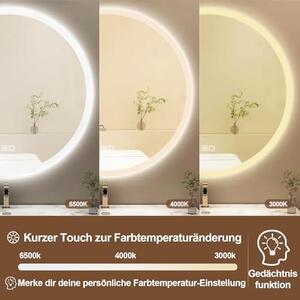 Kulaté LED zrcadlo do koupelny o průměru 60 cm s osvětlením – kosmetické zrcadlo s dotykovým senzorem, 3 barvy světla, stmívatelné, s funkcí proti zamlžování, určené k montáži na zeď – vhodné do koupelny a do prostoru pro líčení
