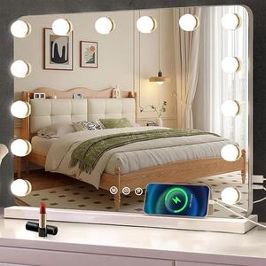 Zrcadlo na líčení s osvětlením, hollywoodské zrcadlo s 14 LED světly, s regulovatelným jasem, kosmetické zrcadlo s 3 režimy, rozměry 58 x 43 cm, toaletní zrcadlo, stolní zrcadlo s USB portem, 10x zvětšení, vhodné do ložnice a na toaletní stolek