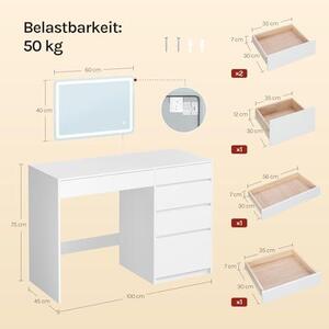 Toaletní stolek a psací stůl s LED osvětlením, 5 zásuvek, toaletní stolek se zrcadlem na stěnu (40 x 60 cm), nastavitelná intenzita světla, rozměry 100x45x75 cm, bílá barva, materiál: dřevo, vhodný do ložnice