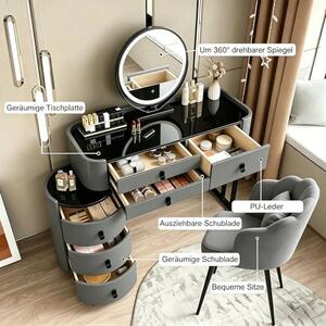 Toaletní stolek se zrcadlem a židlí, klasický šedý model. Toaletní stolek s lesklou deskou z tvrzeného skla, 6 zásuvek a bočním skříňkou, rozměry 100 cm. Kosmetický stolek do ložnice, s povrchem imitujícím kůži