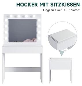 Toaletní stolek se židličkou, zrcadlem a zásuvkami, kosmetický stolek s 12 LED světly, 10 úrovněmi nastavení jasu, 3 barvami, komoda jako toaletní stolek pro ženy do ložnice, bílá, 80x40x140 cm