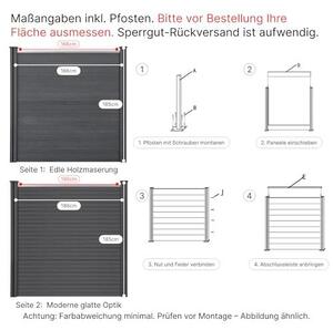 Kompletní sada plotu z kompozitního materiálu (WPC) pro oddělení prostoru, barva antracit – zahradní plot s robustními sloupky z WPC o rozměrech 10x10 cm, lamelový plot, ochrana proti větru, šířka 186-538 cm, výška 185 cm (1-3 kusy)