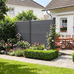 Kompletní sada plotu z kompozitního materiálu (WPC) pro oddělení prostoru, barva antracit – zahradní plot s robustními sloupky z WPC o rozměrech 10x10 cm, lamelový plot, ochrana proti větru, šířka 186-538 cm, výška 185 cm (1-3 kusy)