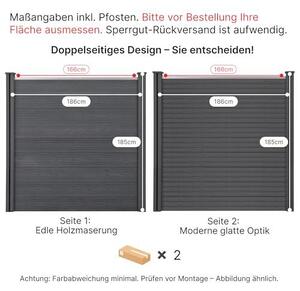 Kompletní sada plotu z kompozitního materiálu (WPC) pro oddělení prostoru, barva antracit – zahradní plot s robustními sloupky z WPC o rozměrech 10x10 cm, lamelový plot, ochrana proti větru, šířka 186-538 cm, výška 185 cm (1-3 kusy)