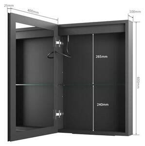 Zrcadlová skříňka do koupelny s LED osvětlením, rozměry 40 x 60 x 12,5 cm. Koupelnová zrcadlová skříňka s nastavitelnými policemi a dotykovým spínačem, s 3 teplotami barev, stmívatelná, bez mlhy