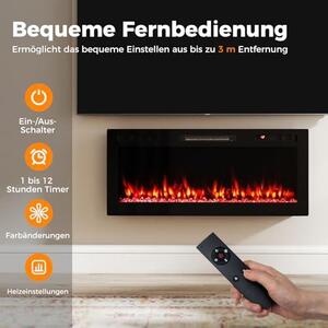 42palcový elektrický krb s topnou funkcí, dekorativní nástěnný krb s ovládáním přes aplikaci a dálkovým ovladačem, závěsný krb s LED ambientním osvětlením, 3D efekt plamenů a křišťálovým podkladem, 1500 W, 12 barev plamenů, 12hodinový časovač