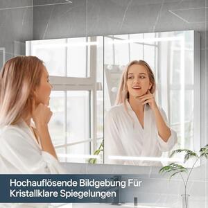 Zrcadlová skříňka do koupelny s osvětlením, s regulovatelným jasem a 3 teplotami barev, koupelnová zrcadlová skříňka s dotykovým spínačem, s funkcí proti zamlžování a zásuvkou, kompletně předmontovaná, rozměry 100x60x14 cm