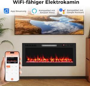 42palcový elektrický krb s topnou funkcí, dekorativní nástěnný krb s ovládáním přes aplikaci a dálkovým ovladačem, závěsný krb s LED ambientním osvětlením, 3D efekt plamenů a křišťálovým podkladem, 1500 W, 12 barev plamenů, 12hodinový časovač