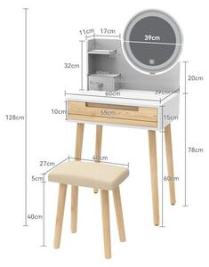 Toaletní stolek s LED osvětlením a stolička, toaletní stolek, barva dřeva | Toaletní stolek se zrcadlem, komoda s zásuvkami, 3 barvy světla, nastavitelná intenzita, dřevo, pro ložnici