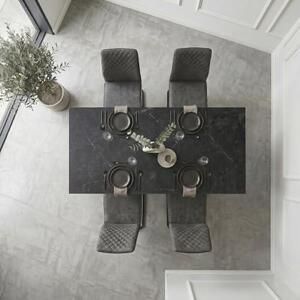 Jídelní set pro 4-6 osob, rozkládací jídelní stůl 120-160x80x76 cm, 4 křesla, moderní industriální design (mramor/antracit)