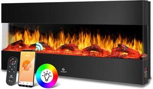 Elektrický krb Wandkamin 3D, 138 cm, s topením, 9 barevných módů LED efektu plamene, 900/1800 W, krbová vložka na zeď, možnost instalace do zdi, topení, aplikace, dálkové ovládání, černá barva