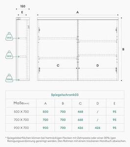 Zrcadlová skříňka do koupelny s LED osvětlením, rozměry 70x15x70 cm. Koupelnová skříňka v matné antracitové barvě, nástěnná skříňka do koupelny, zrcadlová skříňka – model 03
