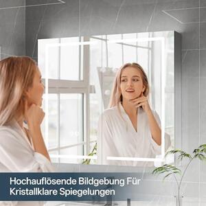 Zrcadlová skříňka do koupelny s osvětlením, s regulovatelným jasem a 3 teplotami barev, koupelnová zrcadlová skříňka s dotykovým spínačem, s funkcí proti zamlžování a zásuvkou, kompletně předmontovaná, rozměry 80x70x14 cm