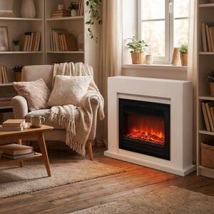Elektrický krb - Evita - bílý, dřevěný - topný výkon 1500 Watt - s dálkovým ovládáním - včetně obložení a vestavěného krbu - dekorativní krb