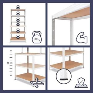 Domácí dílna, rozměry 190x90x60 cm, regál v bílé barvě s 6 policemi, nosnost 145 kg na polici