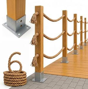 Dřevěný plot s dvojitým lanem, rozměry 6 m x 120 cm | 3 lana | Kompletní sada zábran s 3 jutovými lany o průměru 30 mm a dřevěnými sloupky | Impregnované dřevo včetně hmoždinek pro ukotvení do země | Světlě hnědá barva