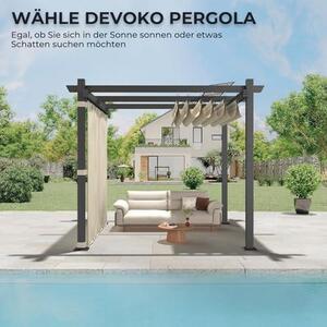 Hliníková pergola se skleněnou střechou, s nastavitelnou stínící plochou, ochrana proti UV záření 50+, vodotěsný a stabilní pavilon 3x3, vhodný i pro použití v zimě, kovový grilovací pavilon pro zahrady a terasy, barva béžová