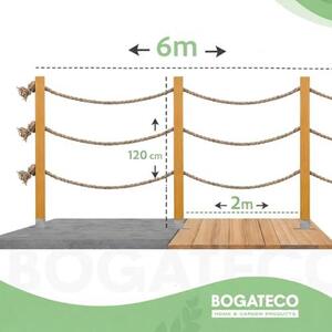 Dřevěný plot s dvojitým lanem, rozměry 6 m x 120 cm | 3 lana | Kompletní sada zábran s 3 jutovými lany o průměru 30 mm a dřevěnými sloupky | Impregnované dřevo včetně hmoždinek pro ukotvení do země | Světlě hnědá barva