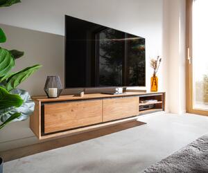 DELIFE TV stolek Stonegrace 175 cm přírodní akácie 2 dvířka 2 přihrádky kamenná dýha závěsný
