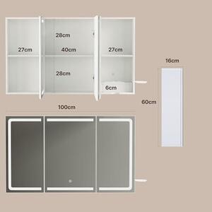 Zrcadlová skříňka do koupelny s LED osvětlením, rozměry 100 x 16 x 60 cm, s zásuvkou, boční policí, nastavitelnými zrcadlovými dvířky, bílá barva