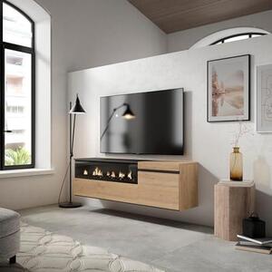 | TV stolek, nízká komoda | do obývacího pokoje a jídelny | 150x45x35 cm | Pro televizory do velikosti 65" | Elektrický krb. Rozměry | Na zavěšení | Moderní styl | Dub, černá barva