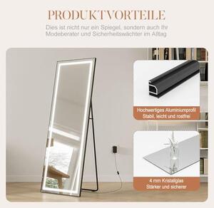 Zrcadlo stojící, celotělové, nástěnné, černé, velké, vhodné do chodby, s osvětlením, moderní design, 50x150 cm. Zrcadlo zavěšené na stěně, s rámem z hliníku, stojící (extra široké)