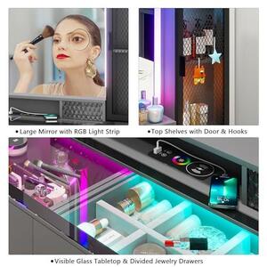 Kosmetický stolek s RGB LED osvětlením a stolička, skleněný stolek s nabíjecí funkcí a 6 zásuvkami, s dekorativním vzorem, s inteligentními senzory, vhodný do šatny, pro dívky, jako dárek, černý