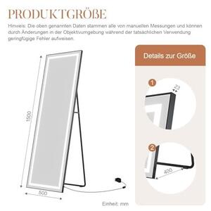 Zrcadlo stojící, celotělové, nástěnné, černé, velké, vhodné do chodby, s osvětlením, moderní design, 50x150 cm. Zrcadlo zavěšené na stěně, s rámem z hliníku, stojící (extra široké)