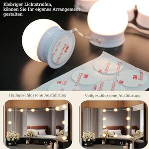 Kosmetický stolek s LED osvětlením, 3 sklopné zrcátka, několik zásuvek | Rozměry: 110 cm (šířka) x 54 cm (hloubka) x 141,5 cm (výška), 3 režimy osvětlení, nastavitelná intenzita, zásuvky a otevřená polička, barva: černá