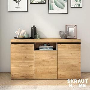 – Komoda – Model Nature – 140 x 40 x 81 cm – Boční skříňka s 3 dvířky – skandinávský styl – melamin – dub a černá barva